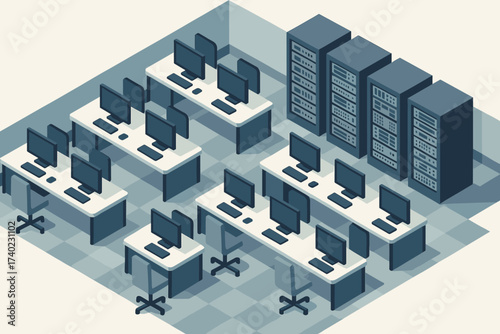 Racks workspace rows server modern geometric stylized illustration vector design it