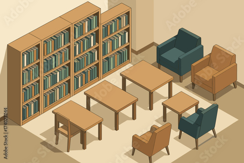 Office geometric quiet library illustration cozy bookshelves corner vector tables work isometric