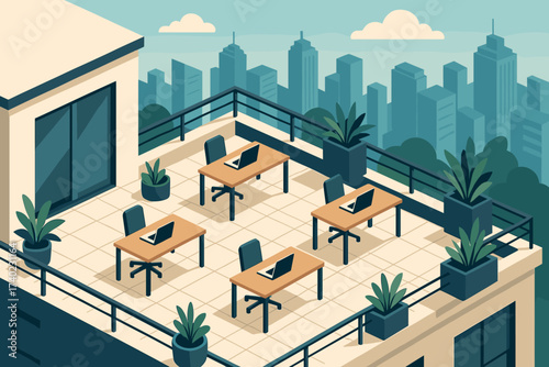 Plants potted background office view workspace city rooftop oasis illustration terrace vector
