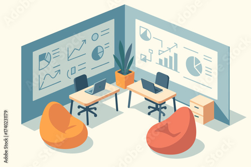 Geometrically beanbags whiteboard laptops modern startup simplified walls illustration vector workspace