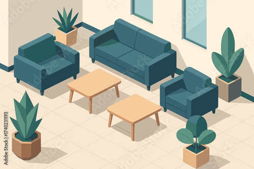 Lounge vector couches plants office coffee modern tables illustration geometric decorative