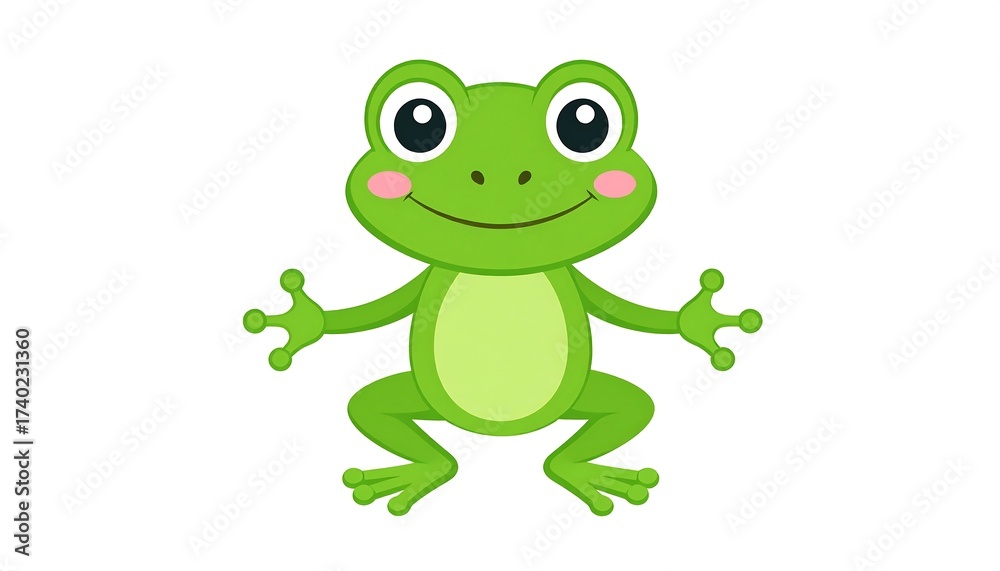 Naklejka premium Cute Cartoon Green Frog with Pink Cheeks on White Background