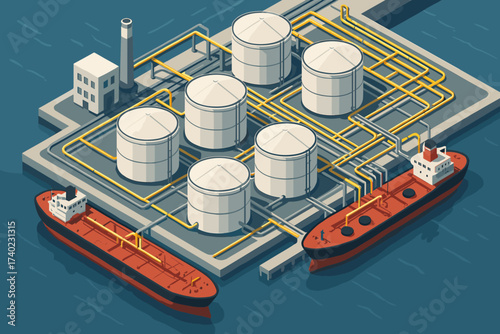 Tanks oil terminal illustration cylindrical storage pier docked vector harbor pipelines