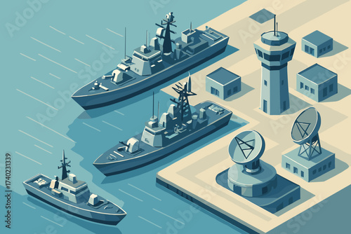 Base warships control equipment stylized illustration naval scene isometric towers vector