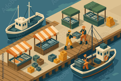 Harbor vector catch seafood illustration dockside crates fishermen unloading market geometric