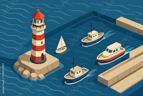 Vector breakwater isometric simplified harbor entering port boats lighthouse waves illustration