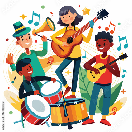 Diverse group of children playing musical instruments and having fun