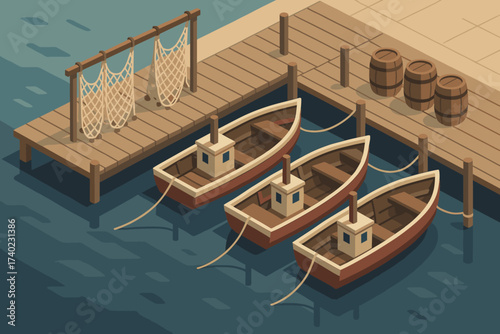 Nets isometric lined harbor dock barrels illustration wooden scene hanging vector fishing