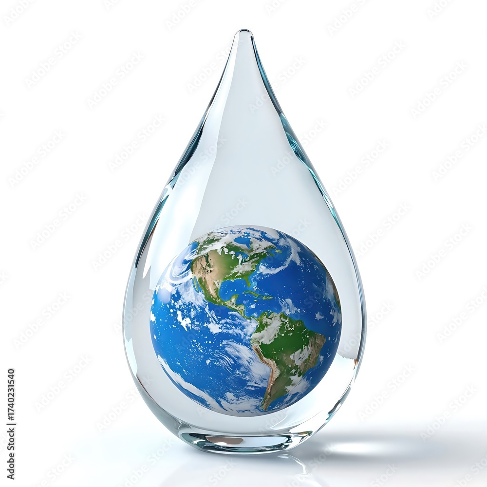 Obraz premium A drop of water with a planet inside - save water, save the Earth