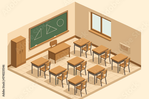 Design classroom modern desks vector wall illustration isometric chalkboard chairs interior geometric