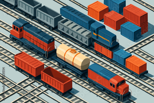 Multiple vector trains yard stacked overview intersections illustration rail containers cargo freight