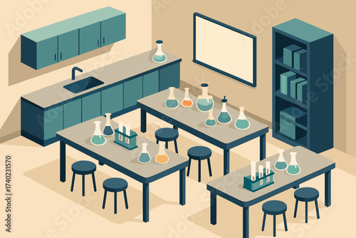 Vector science lab tables cabinets isometric geometric stylized glass flasks illustration