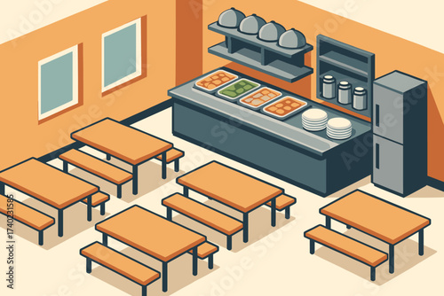 Benches isometric cafeteria area forms vector clean simplified school illustration serving tables