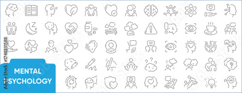 Mental Psychology Line Icon Set. Set of 66 outline icons including brain, mind, emotions, therapy, behavior, cognition, analysis, and mental health. Editable stroke. Linear vector illustration.