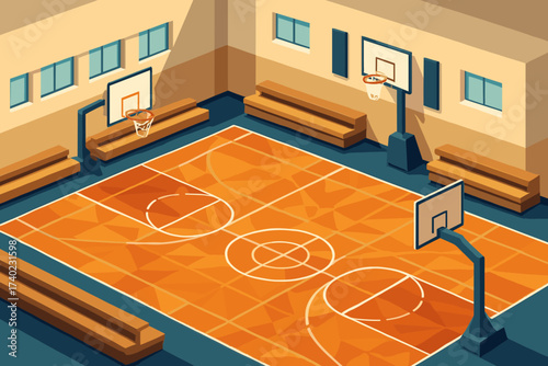 Court hoops stylized isometric geometric vector gymnasium flooring basketball illustration