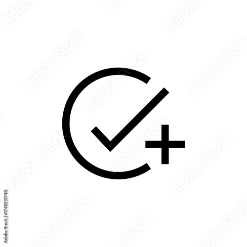 Streamlined checkmark icon with plus symbol for approval and addition, symbolizing success and expansion in projects and tasks, originally vector