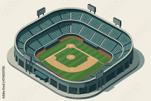 Vector arena stadium audience stands isometric field illustration stylized baseball dugouts