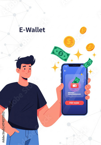 Modern E-Wallet App Illustration of a Man Using a Phone for Digital Payment Transactions