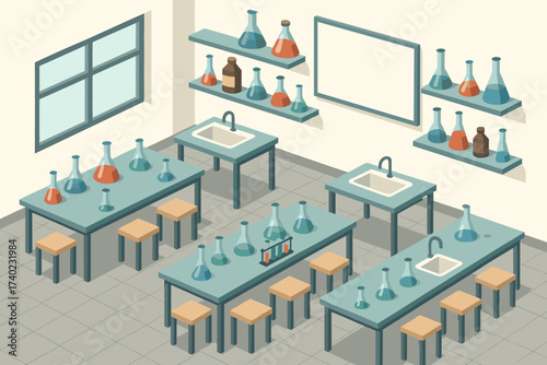 Flasks vector benches laboratory illustration bottles lab classroom sinks shelves modern geometric