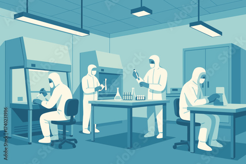 Bright lamps cleanroom sealed vector stylized laboratory cabinets scientists scene protective illustration