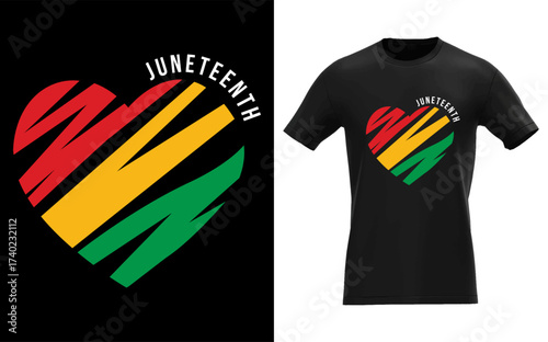 Juneteenth celebration heart design with red yellow green colors and text on black background and t shirt mockup