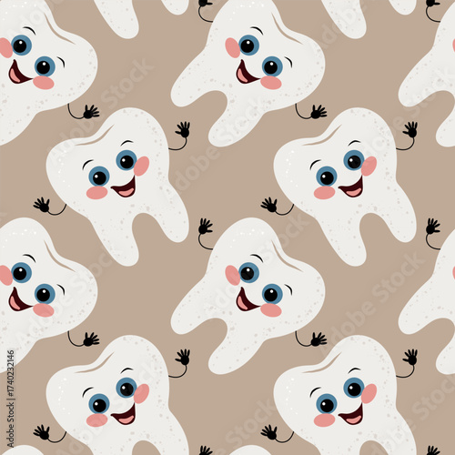 seamless pattern of teeth. white tooth with happy smiling face, soft pastel colors. with hands. Fun and kid-friendly character, perfect for stickers, badges, dental clinic logo or educational material