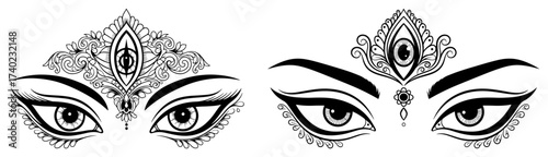 Goddess Durga Eyes with Ornamental Bindi Line Art Vector
