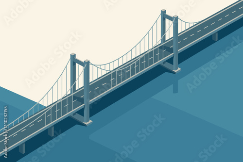 Towers isometric illustration stretching tall vector suspension across long roadway cables bridge