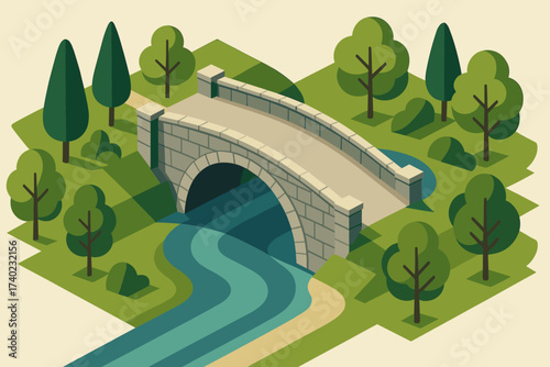 Trees vector stone isometric bridge arched illustration crossing river sides both