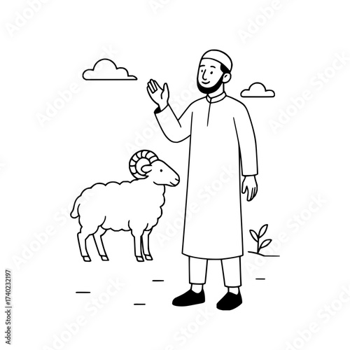 Eid al-Adha celebration concept with man and sacrificial ram, perfect for greeting cards and social media, sharing joy and tradition with loved ones