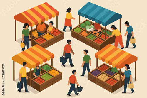 Into arranged shoppers vector simplified fruits stalls awnings illustration geometric market scene