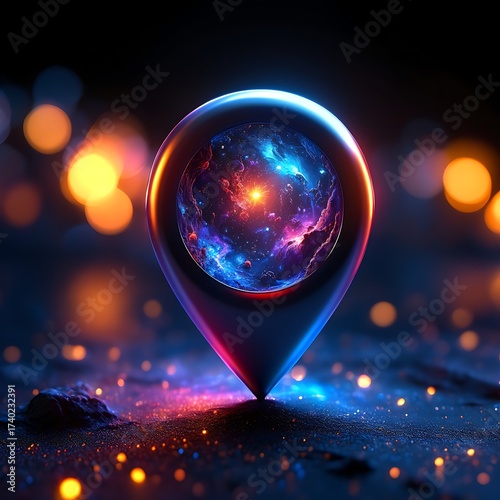 Glowing map pointer with galaxy inside