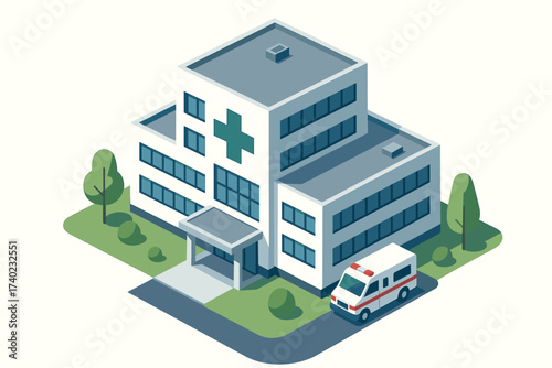 Trees ambulance around vector scene building outside parked facade isometric hospital illustration