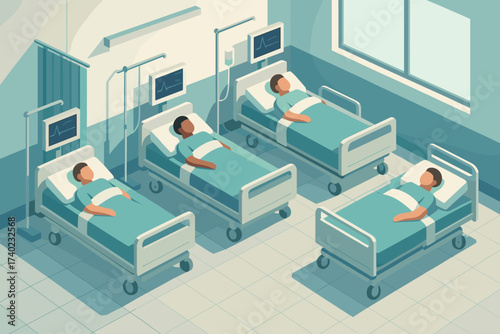 Patients resting simplified beds monitors illustration isometric ward vector hospital interior