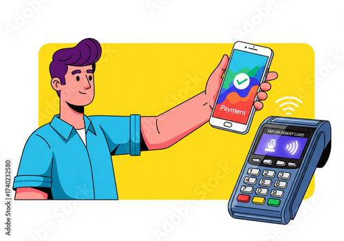 Contactless Payment Illustration A Person Using Mobile Device for Secure Transactions at POS Terminal
