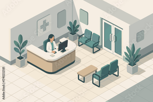 Area plants stylized reception desk modern seating vector illustration lobby hospital