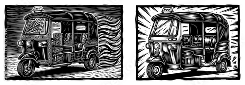 Auto Rickshaw Tuk Tuk Woodcut Illustration Set