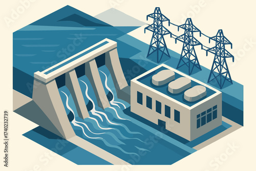 Water powerplant lines through turbines vector flowing hydroelectric power illustration stylized