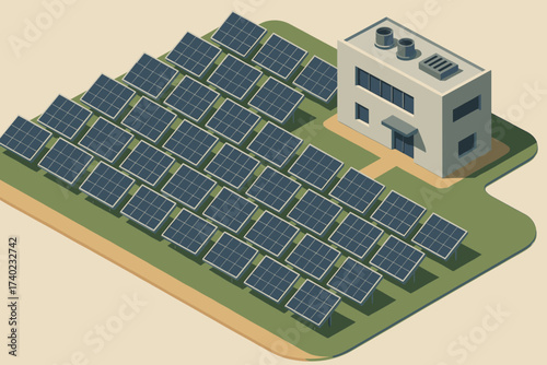 Control panels geometric nearby vector illustration solar building power station powerplant isometric
