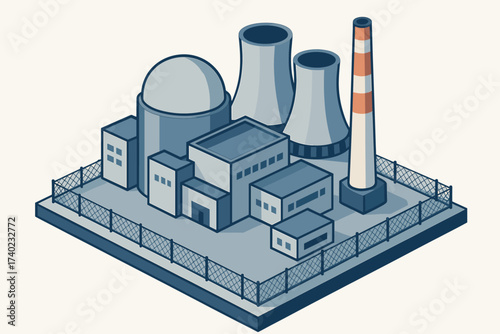 Nuclear domed isometric reactor chimneys tall powerplant perimeter illustration vector plant fenced