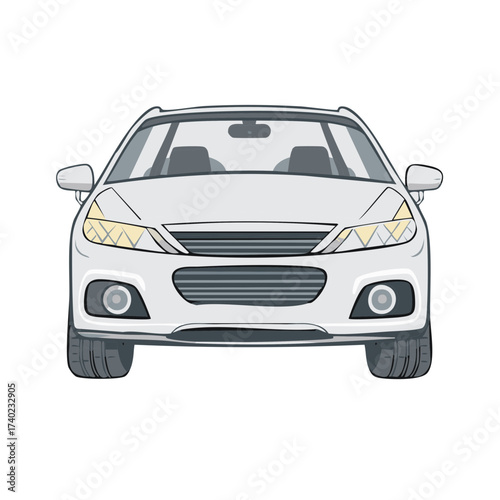Front View of White Sedan Car Illustration, Automobile Transportation