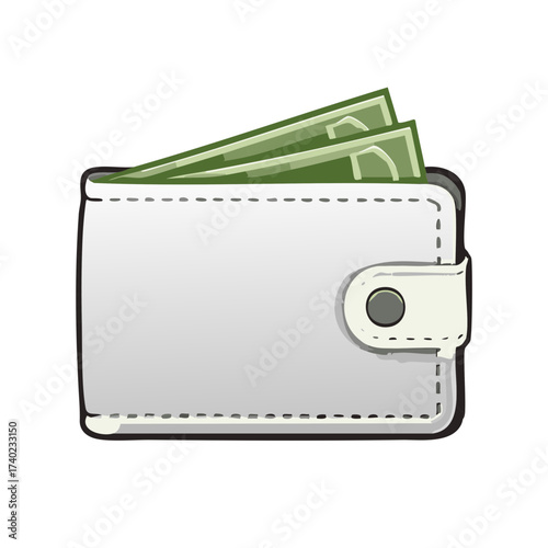 Cartoon illustration of a white wallet with cash, money, savings.