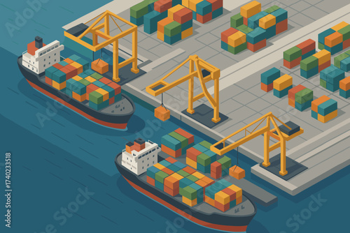 Illustration containers docked vector large harbor scene isometric stacked cranes piers cargo