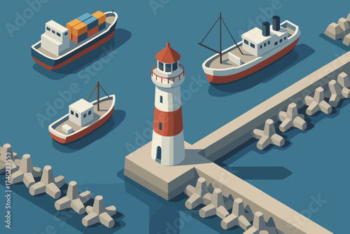 Vector isometric waters standing illustration harbor blue breakwaters calm scene anchored lighthouse