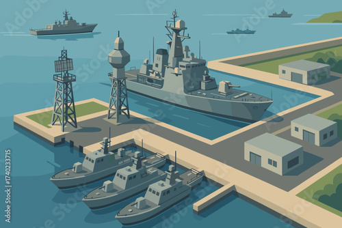 Illustration defense towers military harbor patrol vector ships coastal boats