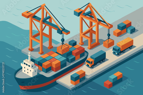 Containers harbor illustration vector from lifting large dock operations cargo ship onto