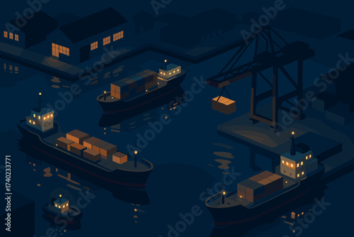 Nighttime ships harbor warehouses vector glowing lights scene reflections illustration water