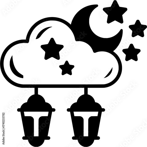 Enchanting night scene featuring a whimsical cloud illuminated by a moon and stars, with charming lanterns creating a magical, dreamy atmosphere