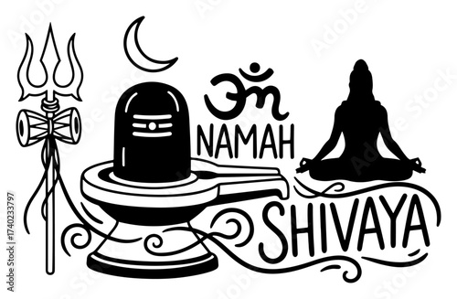 Om Namah Shivaya with Shiva Lingam Trident and Meditating Yogi Vector