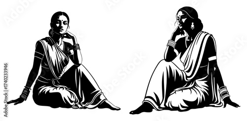 Two Indian Women in Saree Sitting Line Art Vector